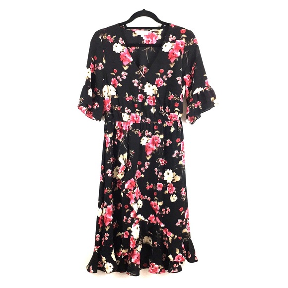 Bobeau Floral Faux Wrap Ruffle Dress ...